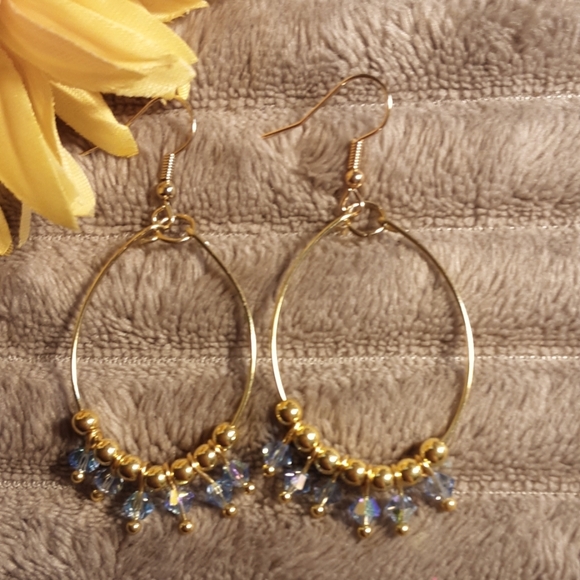 Hand Crafted Jewelry - Handcrafted Hoop Gold and Blue Dangle Earrings.